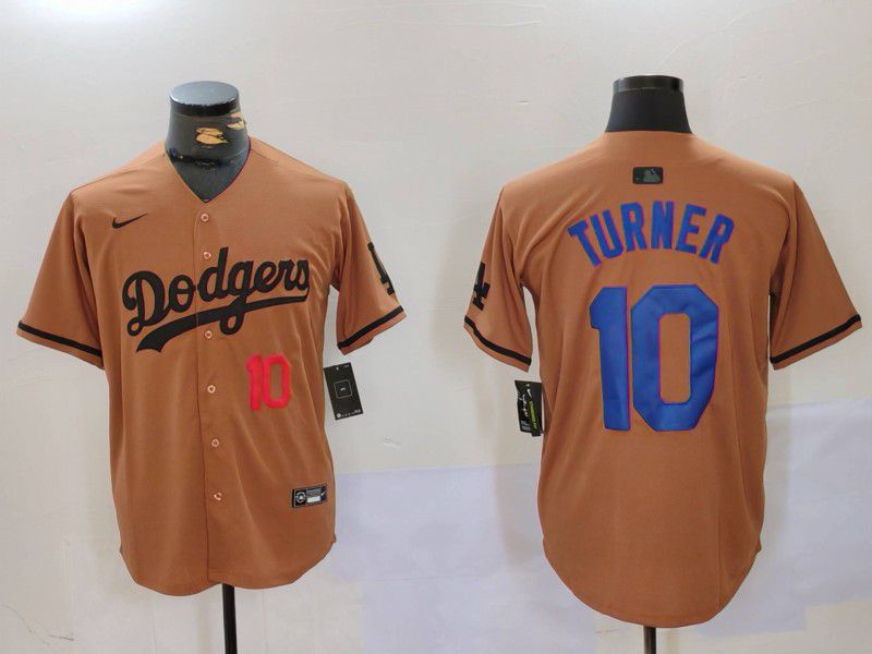 Men Los Angeles Dodgers 10 Turner army green joint name 2024 Nike MLB Jersey style 6